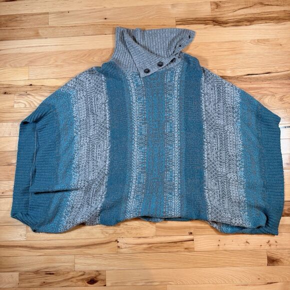 Caslon Gray Poncho Sweater Size Medium/Large Chunky Cowl Neck Teal/Gray Sweater - Picture 1 of 6